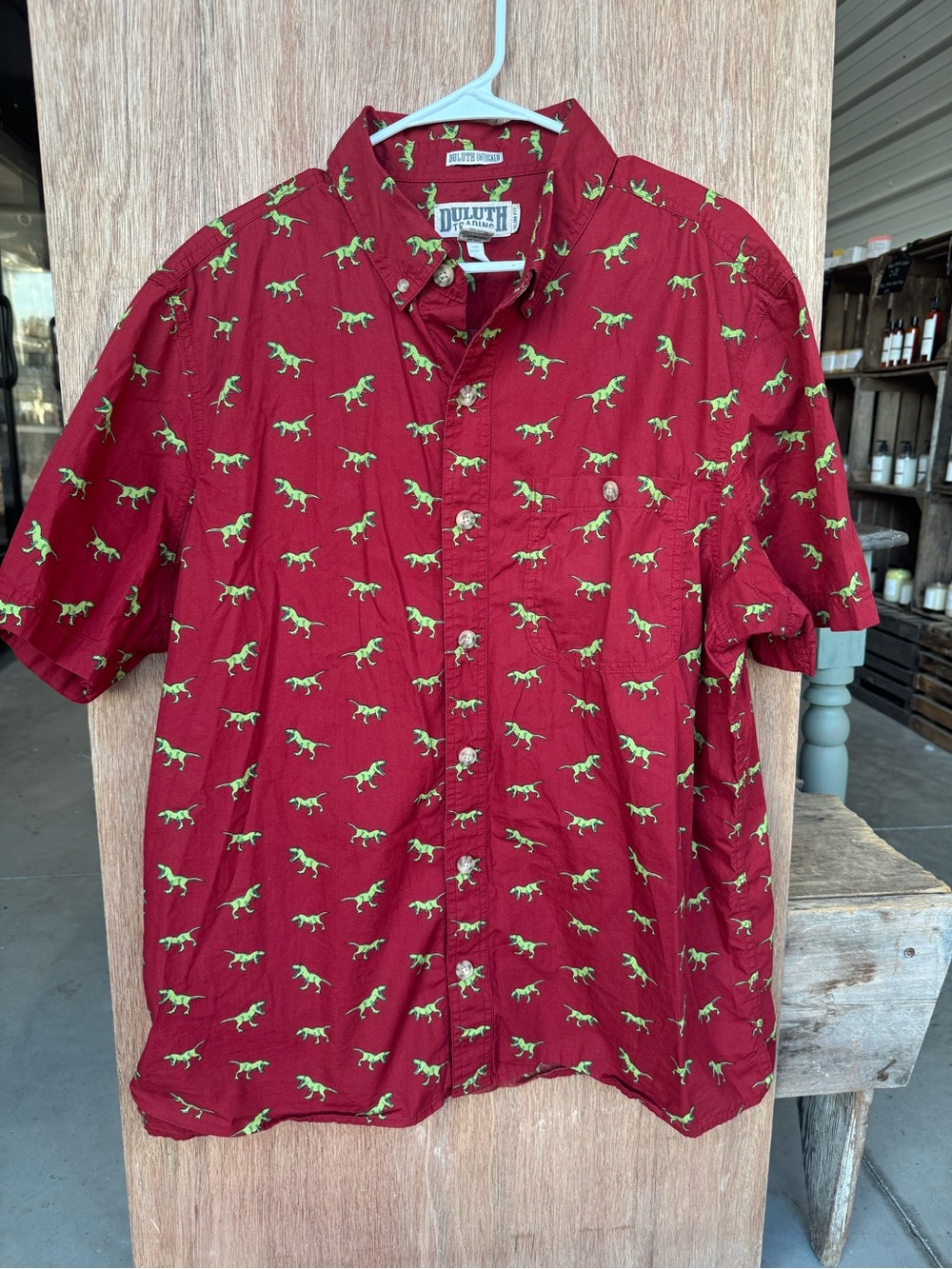Duluth Trading Co Men’s Red Short-Sleeve Button-Down Shirt with Green Dino Print